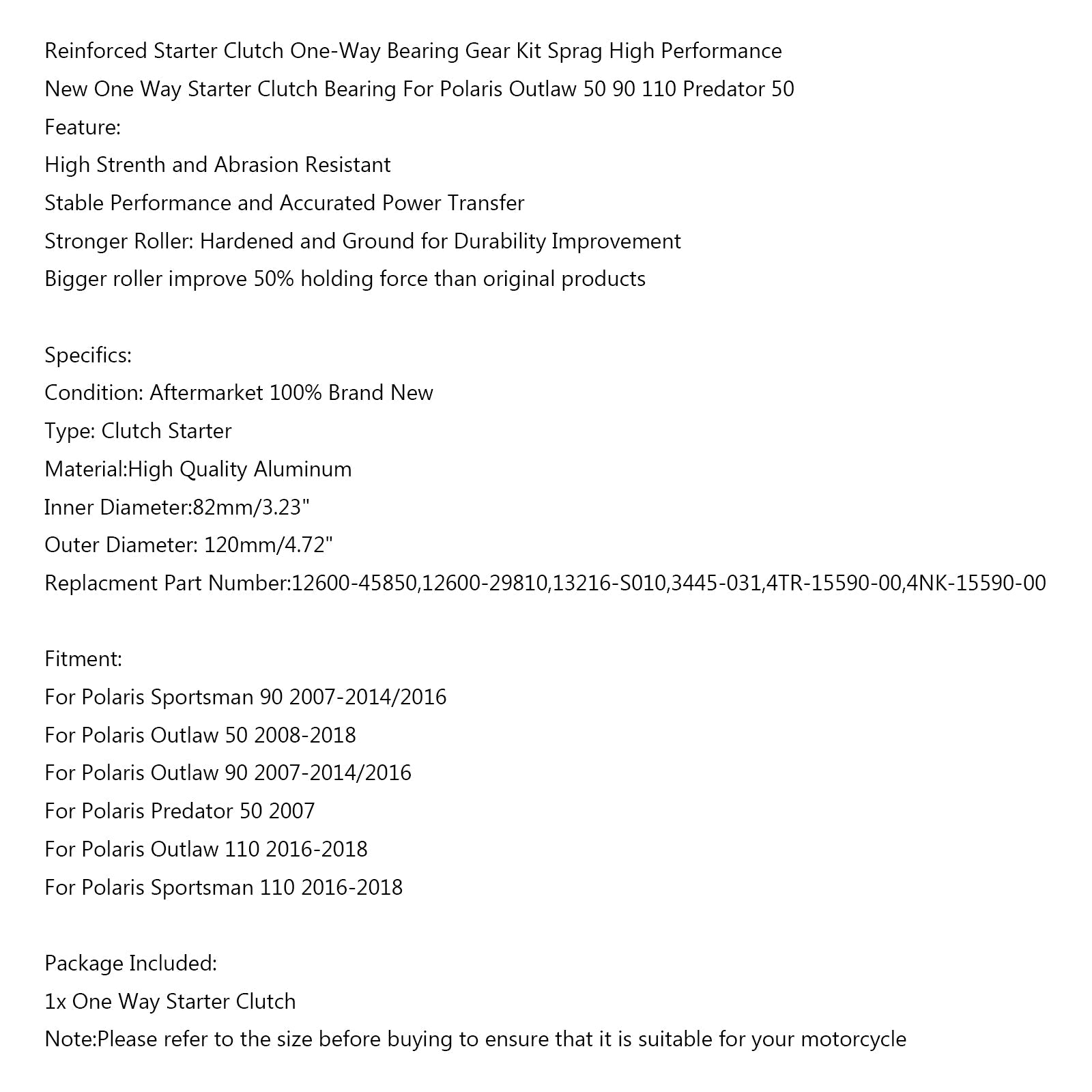 Starter Clutch One-Way Bearing Gear Kit For Polaris Outlaw 50 90 110 Predator 50 Generic