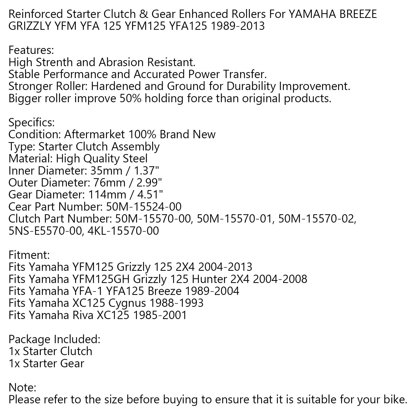 Starter Clutch Enhanced Rollers for YAMAHA Breeze Grizzly 125 YFM125 YFA125 Generic