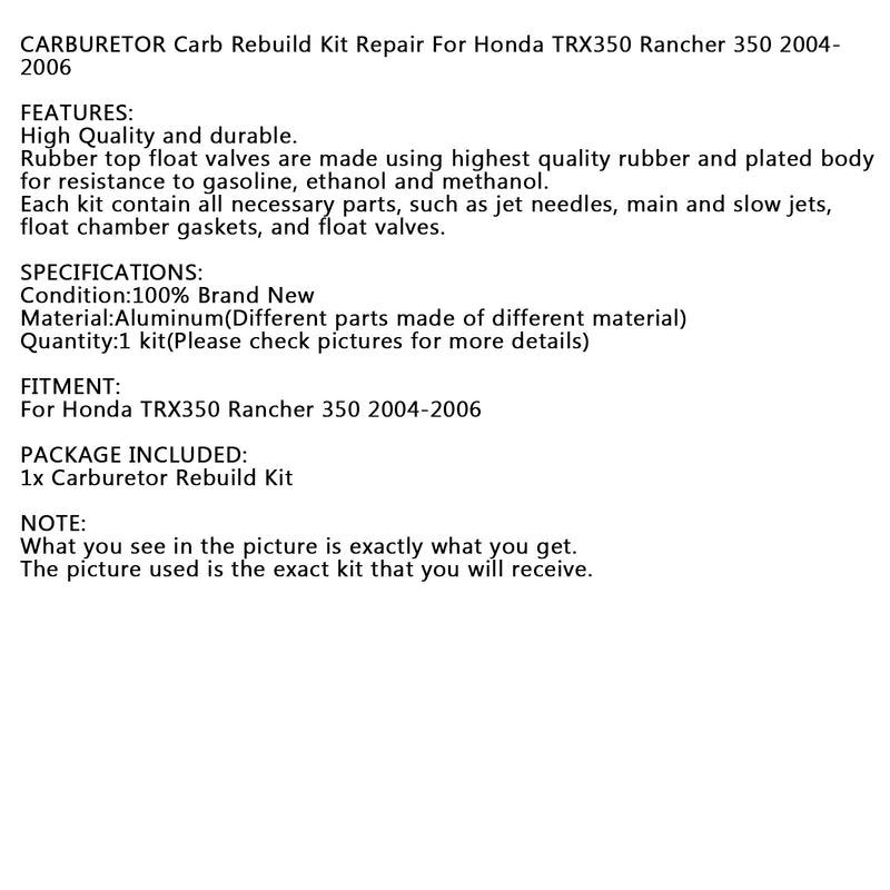 NEW CARBURETOR Carb Rebuild Kit Repair For Honda TRX350 Rancher 350 2004-2006 Generic