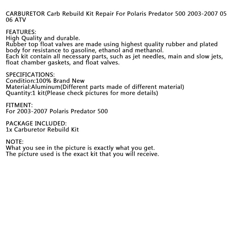 Carburetor Repair Carb Rebuild Kit For Polaris Predator 500 2003-2007 05 06 ATV Generic