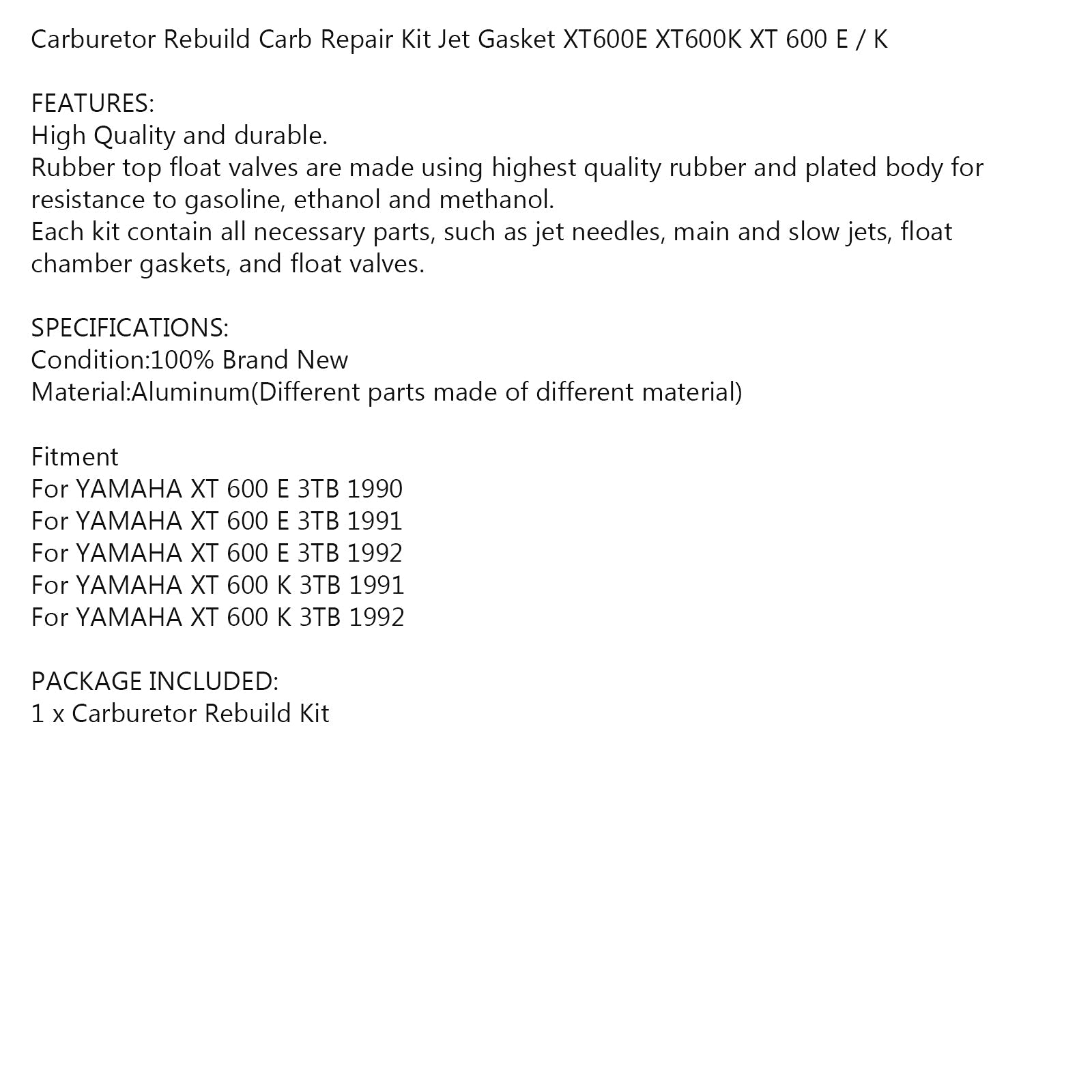 Carburetor Rebuild Repair Set Jet Kit For YAMAHA XT600 XT 600 E / XT 600 K 90-92 Generic