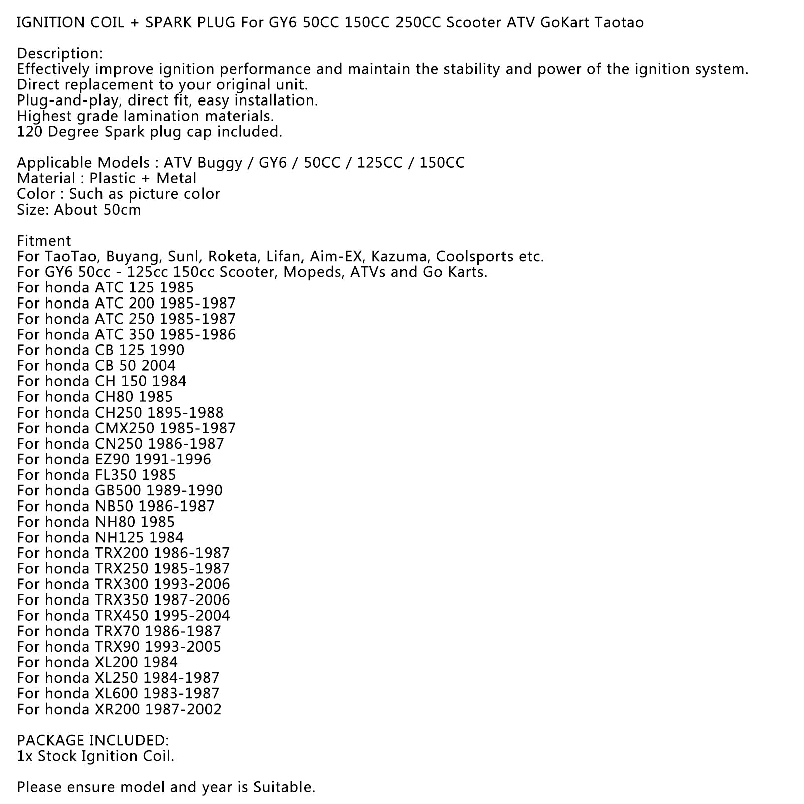 IGNITION COIL For GY6 50CC 150CC 250CC Scooter ATV GoKart Taotao Kazuma Sunl Generic