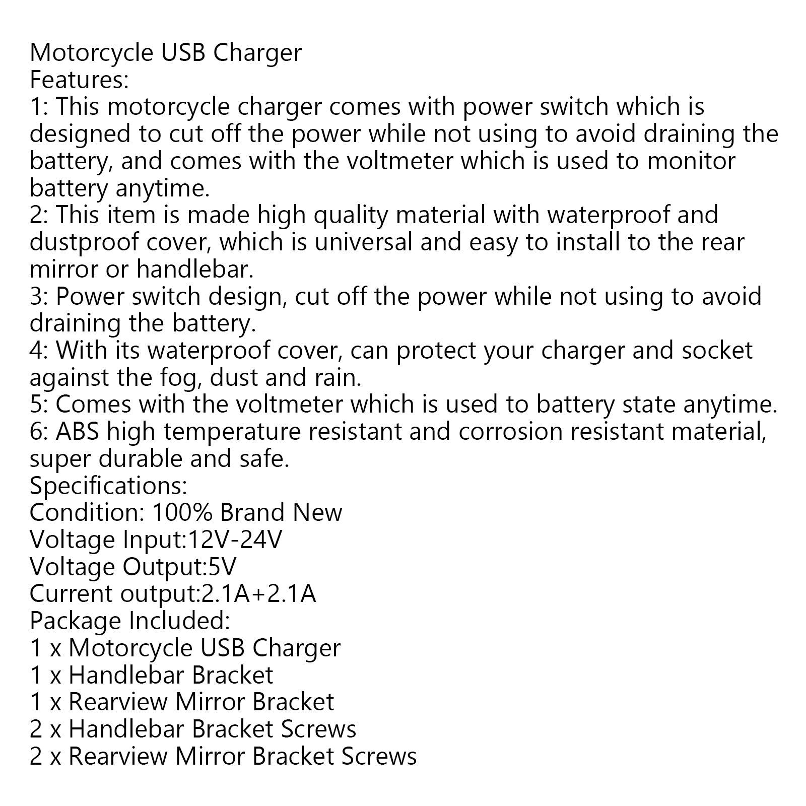 Motorrijwiel USB-oplader Voedingsadapteraansluiting Mobiele telefoon GPS Waterdicht Generiek