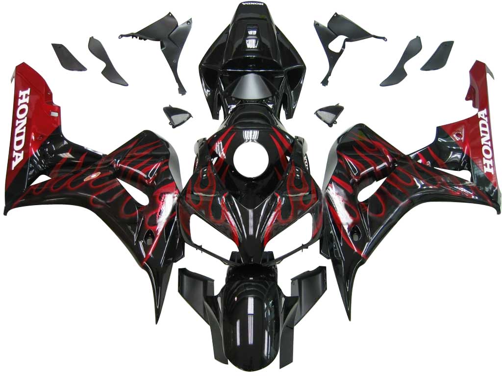 2006-2007 CBR1000RR Bodywork Fairing Black & Red Flame ABS Injection Molded Plastics Set Generic