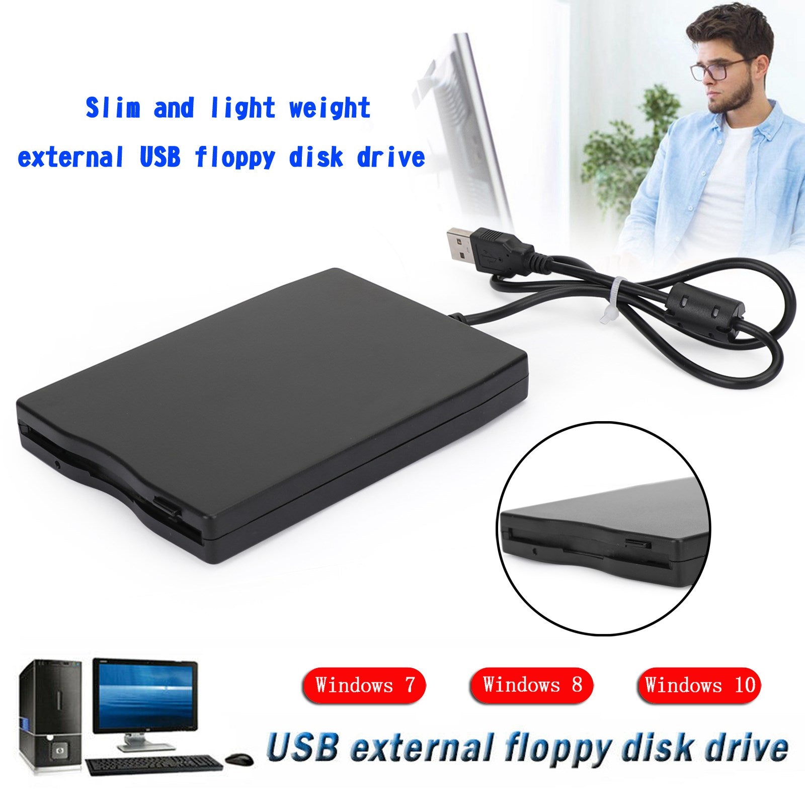 USB 2.0 3,5" Lecteur de disquette externe de données 1,44 Mo pour ordinateur portable Win 7/8/10 Mac