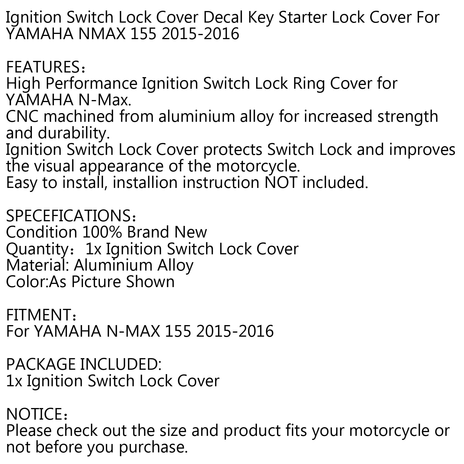 Couvercle de commutateur de verrouillage de clé d'allumage de moto, compatible avec Yamaha NMAX 155 16-17, capuchon générique