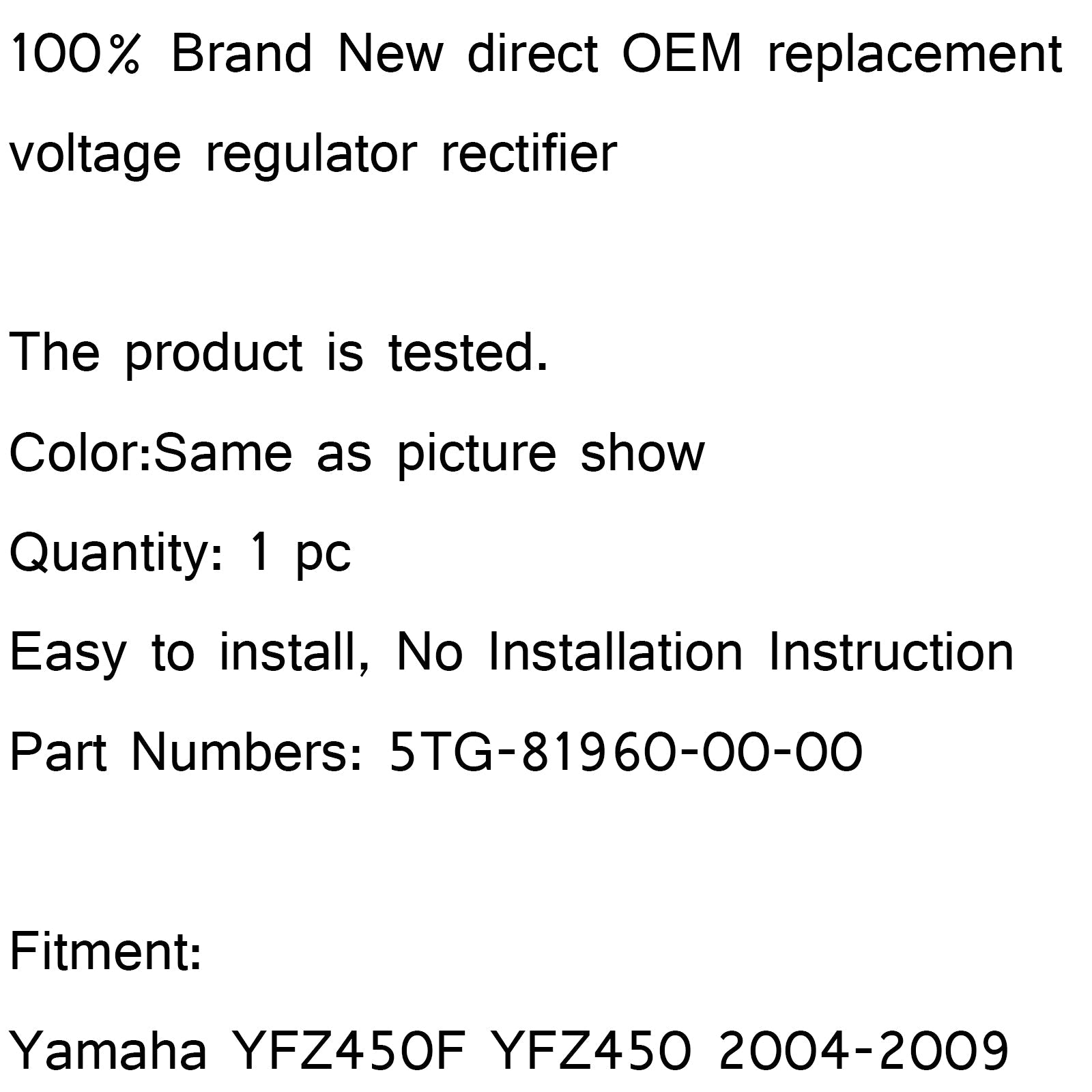 Redresseur de régulateur de tension Yamaha YFZ450F YFZ450 2004-2009 5TG-81960-00-00 générique