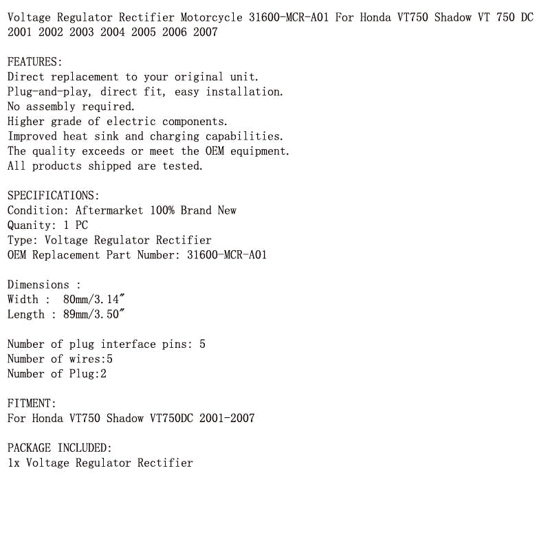 Redresseur de régulateur de tension 31600-MCR-A01 pour Honda VT750 Shadow VT750DC 01-07 générique