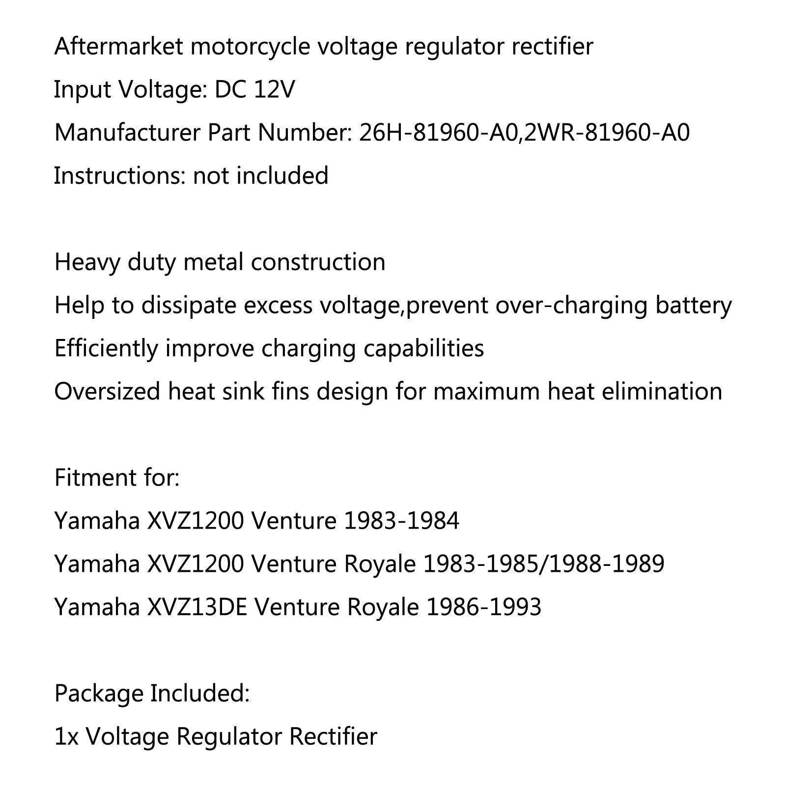 Spenningsregulator likeretter for Yamaha XVZ13DE Venture Royale 1986-1993 Generisk