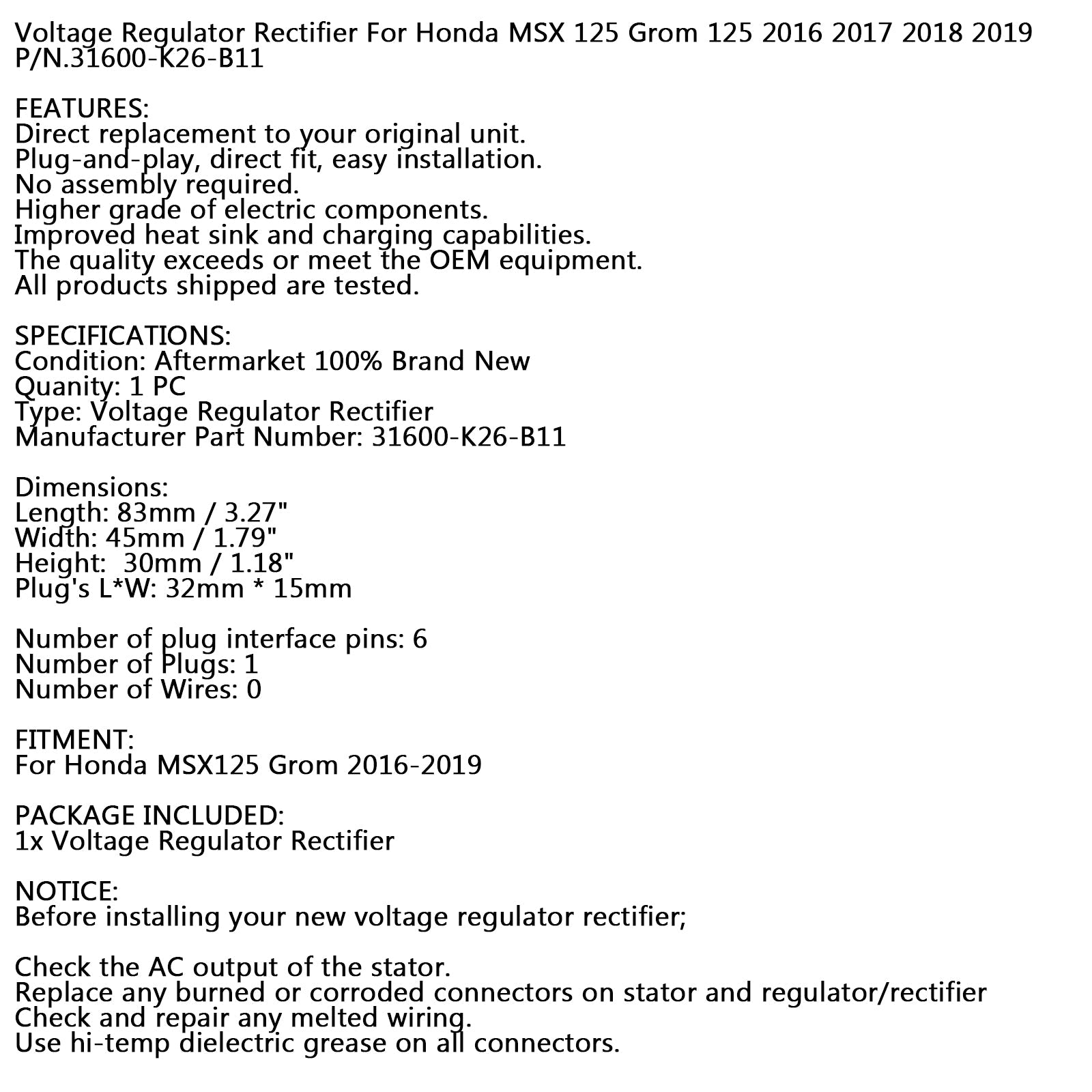 Spanningsgelijkrichterregelaar voor Honda MSX125 Grom 125 2016-2019 31600-K26-B11 Generiek