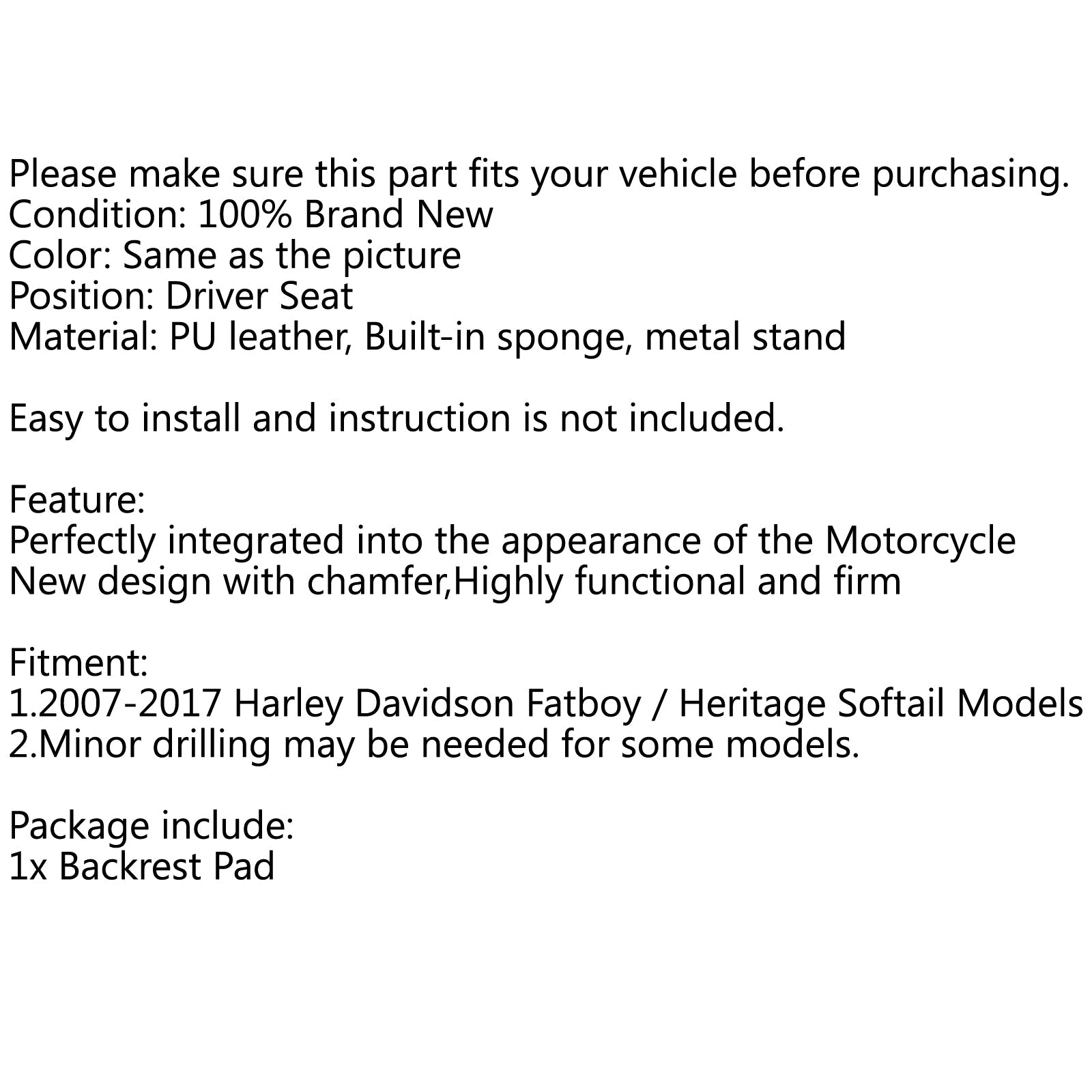 Coussin de dossier de siège de conducteur pour Harley Fatboy Heritage Softail générique 2007 – 2017