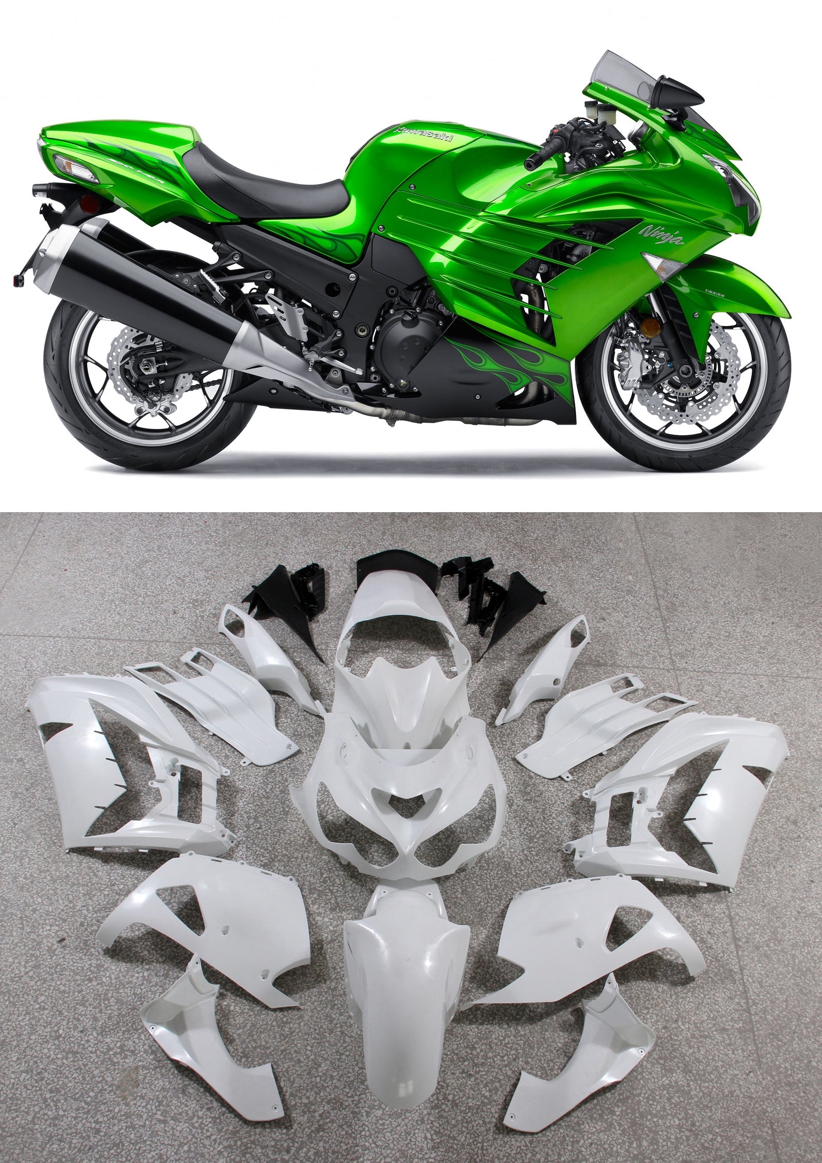 2012-2021 Kawasaki ZX14R Amotopart Carénages Plastiques Ninja Green Flame Racing