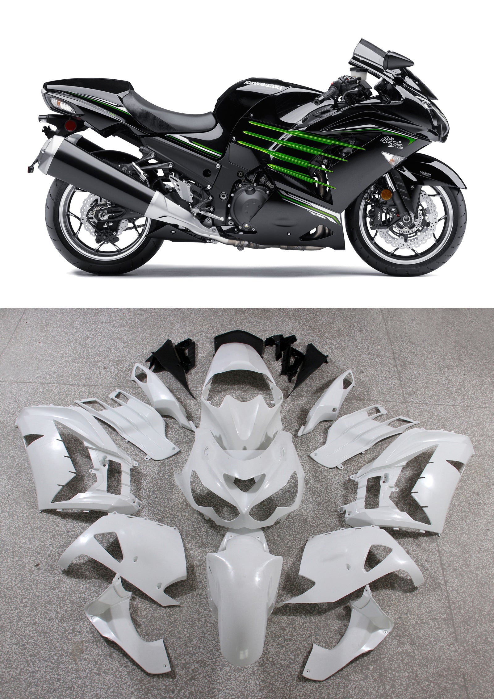 2012-2021 Kawasaki ZX14R Amotopart Carénages Plastiques Ninja Noir Vert Racing