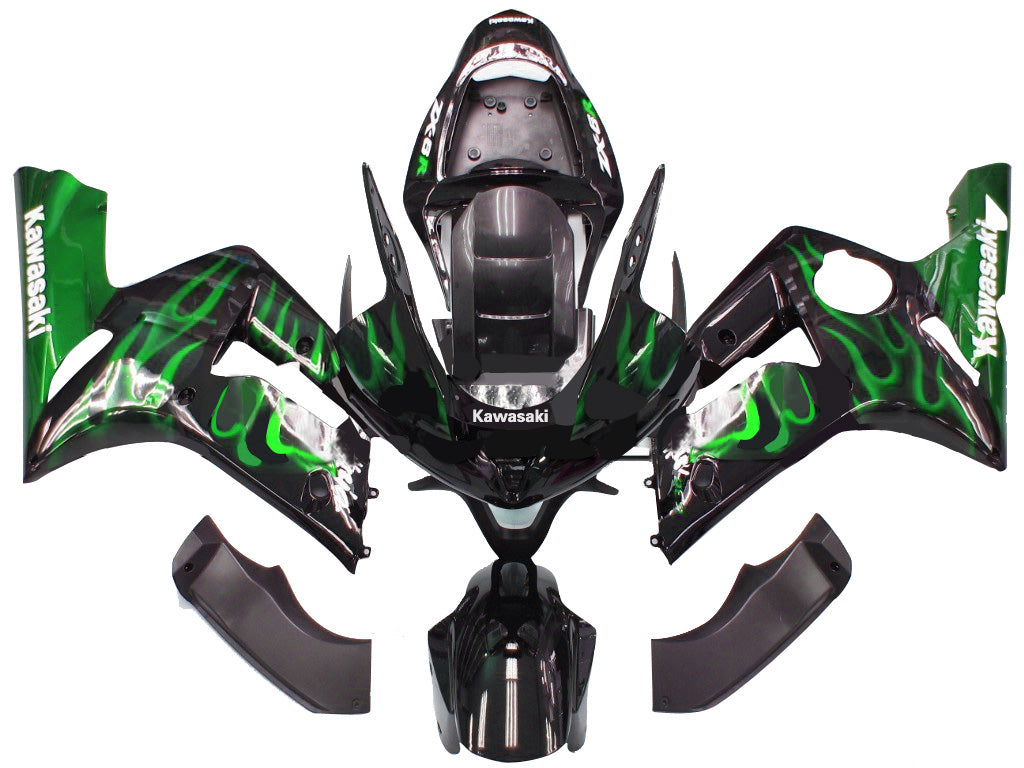 2003-2004 Kawasaki ZX6R 636 Fairings Black & Green Flame Ninja Racing Generic