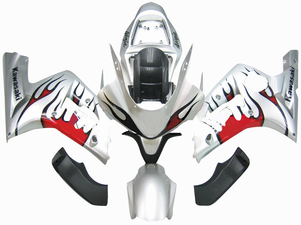 2003-2004 Kawasaki ZX6R 636 Carénages Argent & Flamme Rouge Ninja Racing Générique