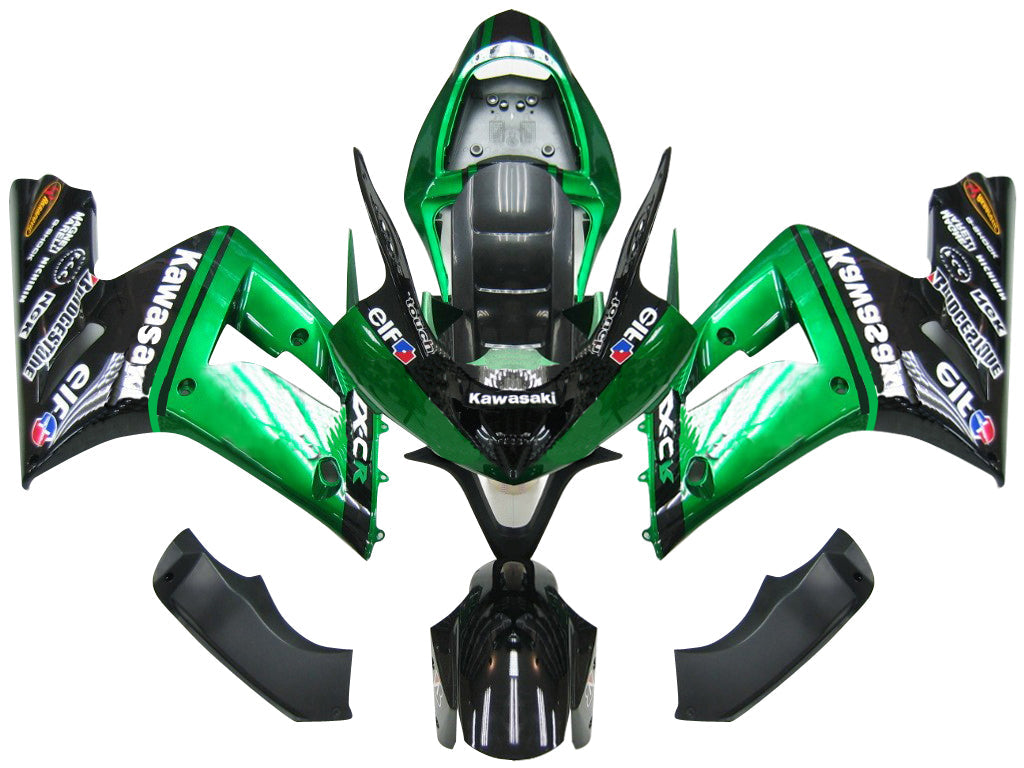 2003-2004 Kawasaki ZX6R 636 Fairings Green Black elf Racing Generic