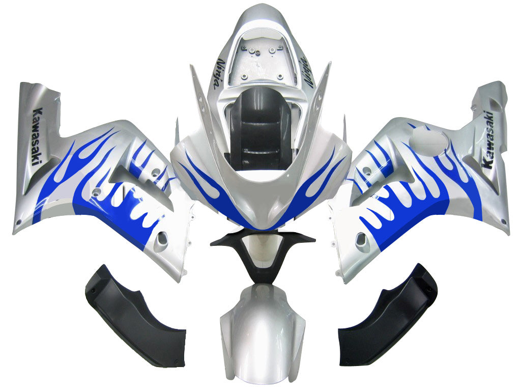 2003-2004 Kawasaki ZX6R 636 Fairings Silver & Blue Flame Ninja Racing Generic