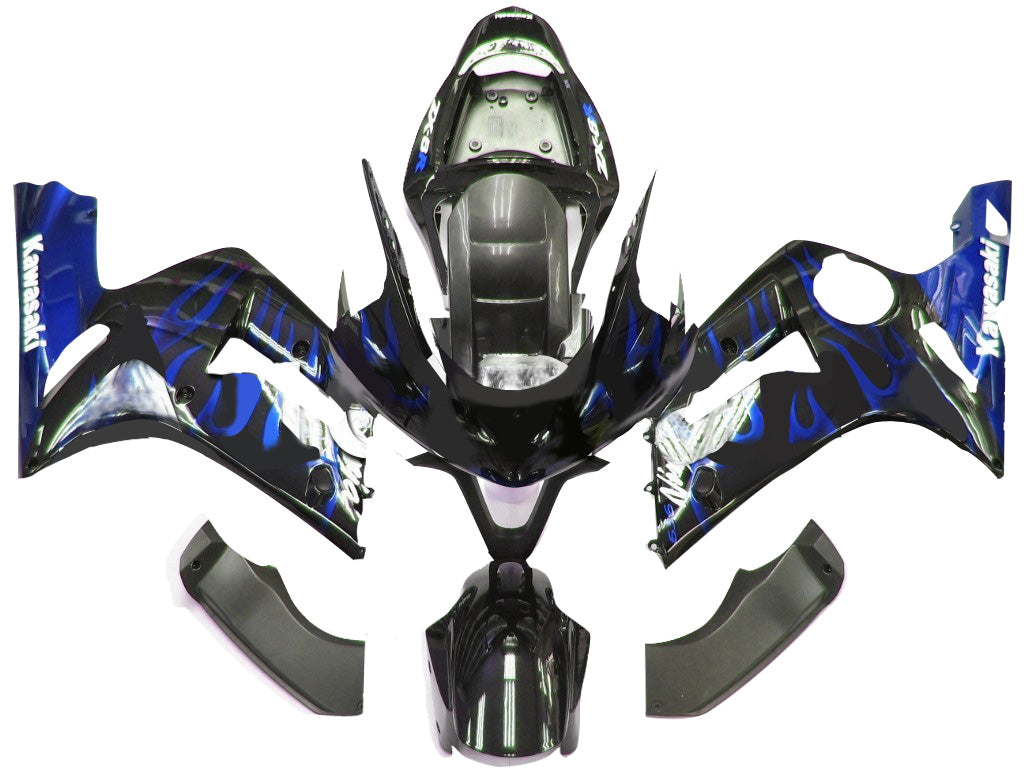 2003-2004 Kawasaki ZX6R 636 Fairings Black & Blue Flame Ninja Racing Generic