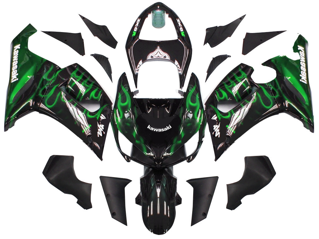 2005-2006 Kawasaki ZX6R 636 stroomlijnkappen Zwart en groen Vlam Ninja Racing Generiek