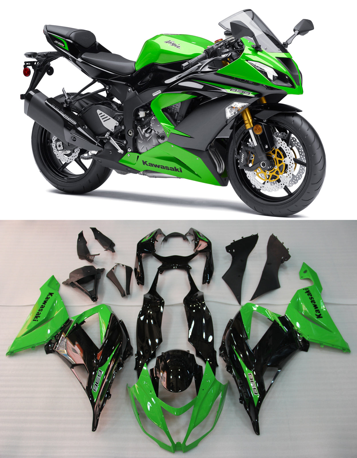 2013-2018 Kawasaki ZX6R 636 Fairings Green Black Ninja Racing Generic
