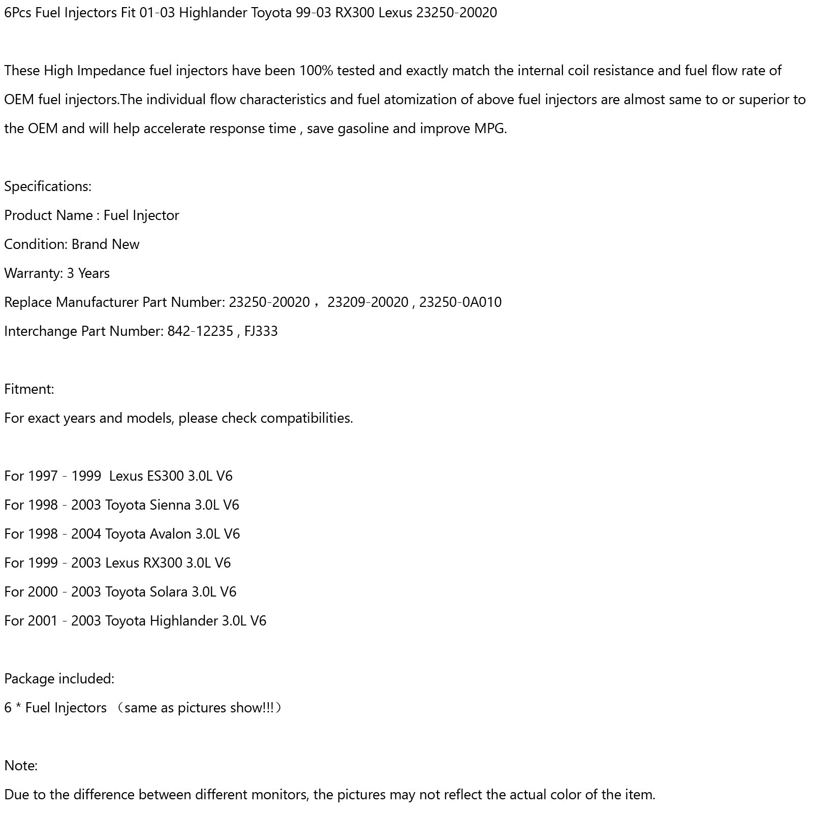 6Pcs Fuel Injectors Fit 01-03 Highlander Toyota 99-03 RX300 Lexus 23250-20020 Generic