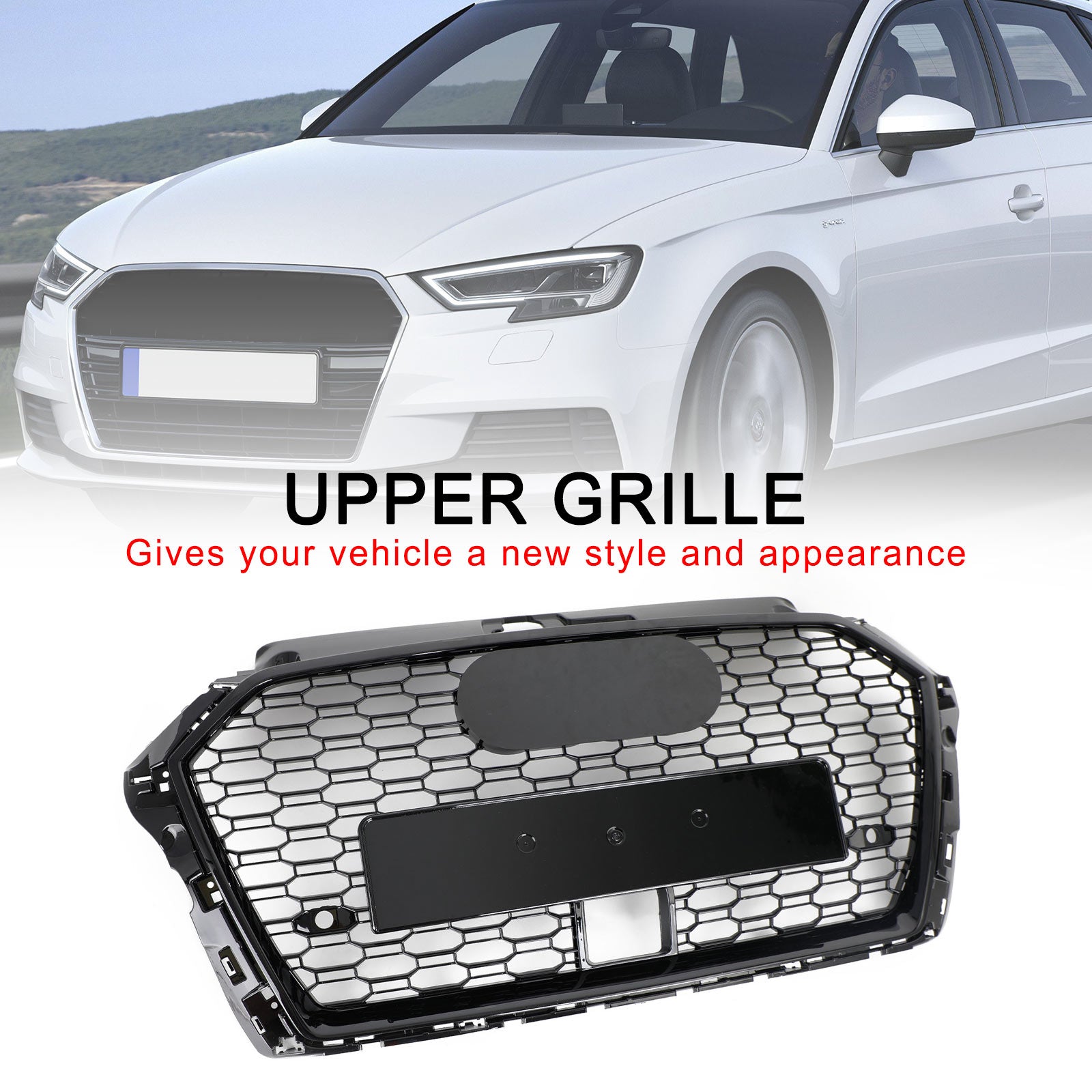 2017-2019 Audi A3 S3 RS3 Style Honeycomb Front Grille With ACC Gloss Black