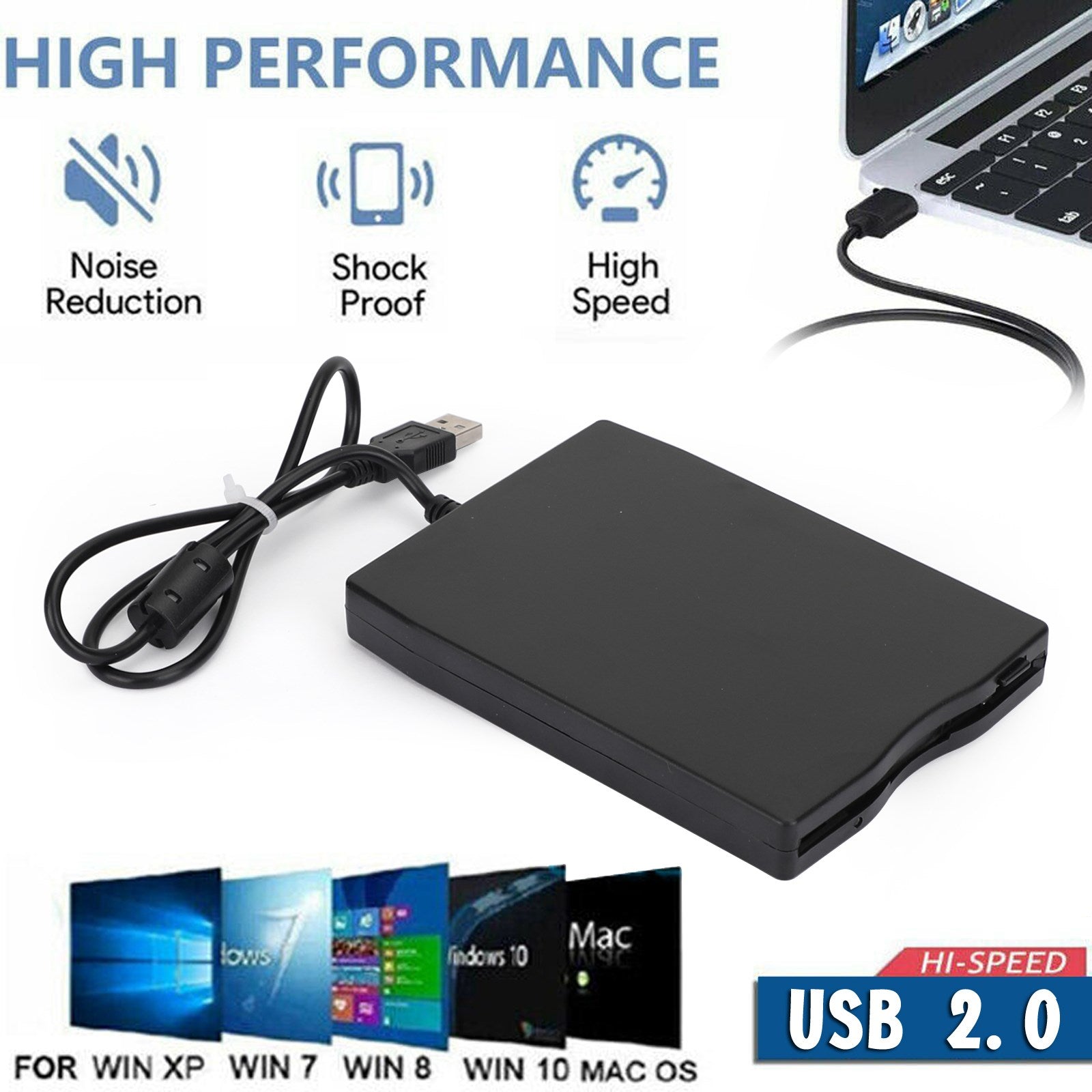 USB 2.0 3,5" Lecteur de disquette externe de données 1,44 Mo pour ordinateur portable Win 7/8/10 Mac