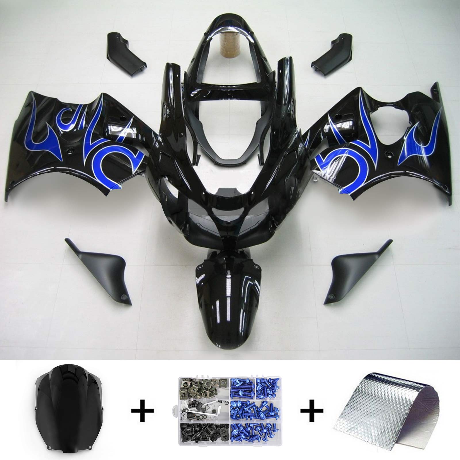 2000-2002 Kawasaki ZX6R 636 Kit de carénage noir mélange bleu