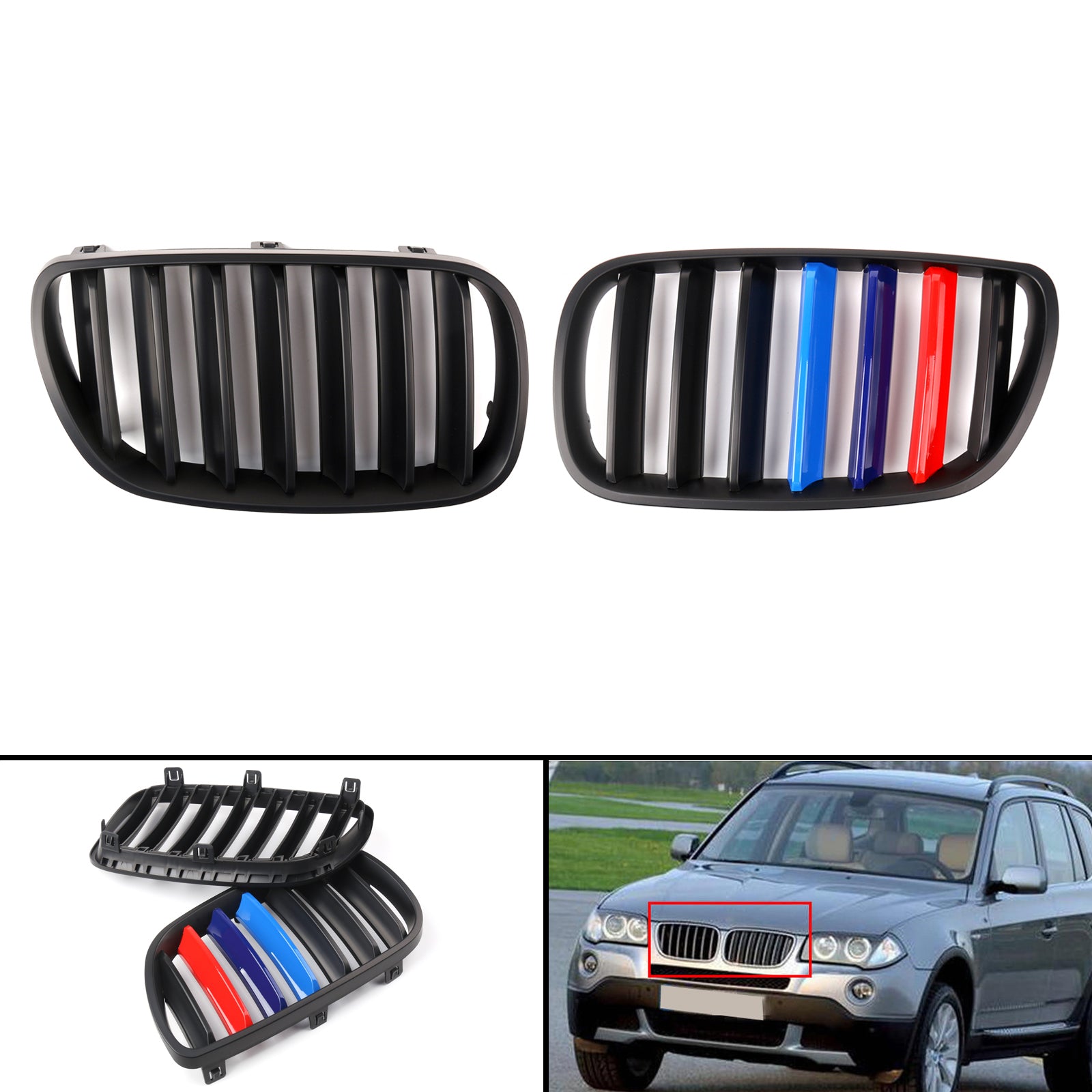 2007-2010 BMW E83 X3 SUV (Facelift) 25si 30si xDrive28i xDrive30i Pair Front Bumper Grille Generic