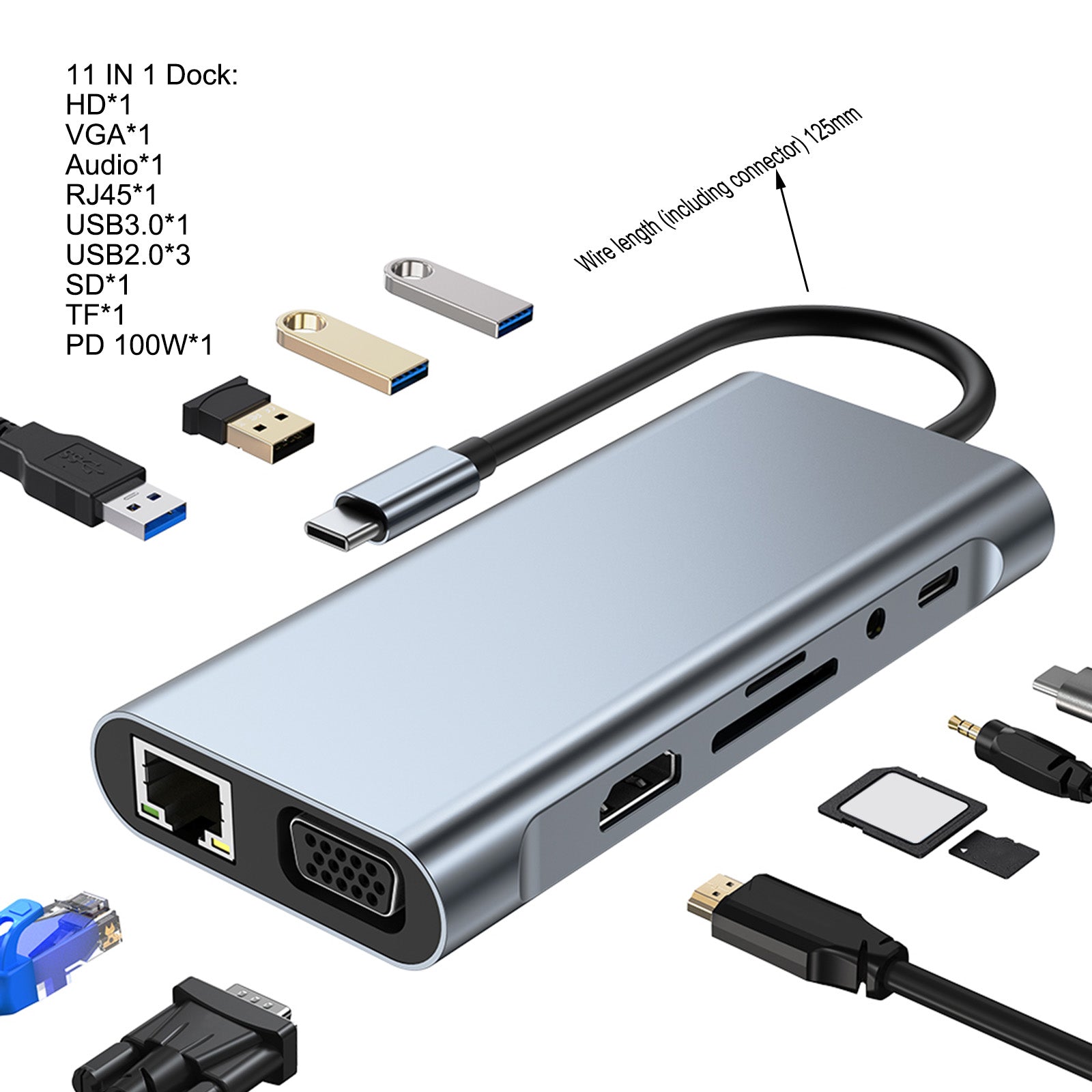 11 en 1 USB-C Type C Sortie HD 4K USB 3.0 Adaptateur HD HUB Station d'accueil multifonction