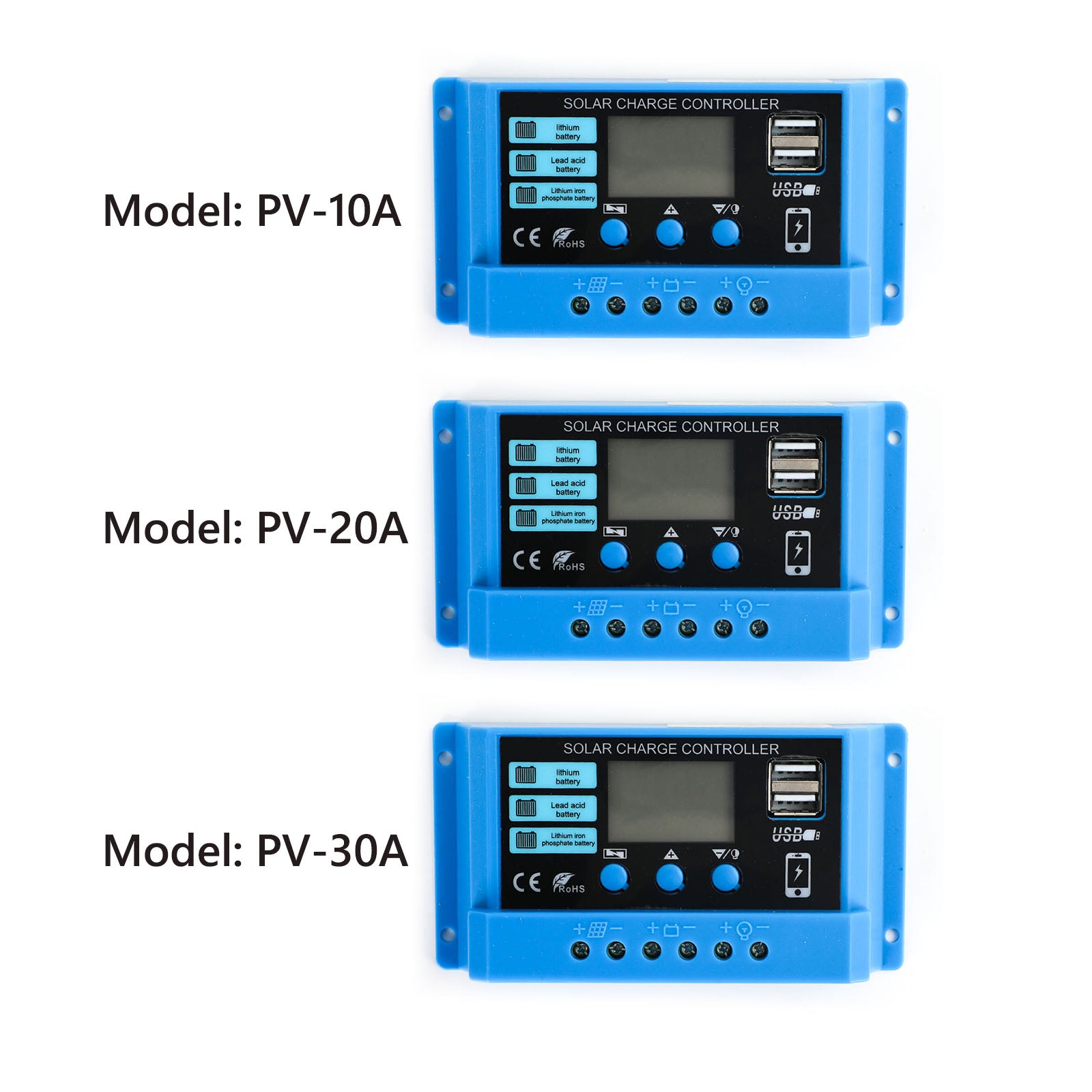 Régulateur de charge solaire PWM 10A 20A 30A pour acide de plomb au lithium Lifepo4