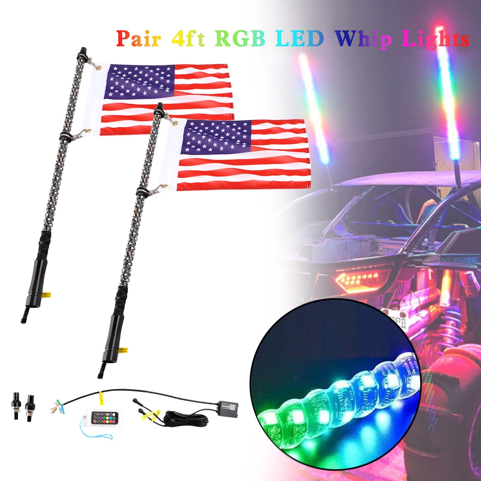 2X 4ft RGB LED APP Zweepverlichting Antenne met vlagafstandsbediening voor Polaris UTV ATV