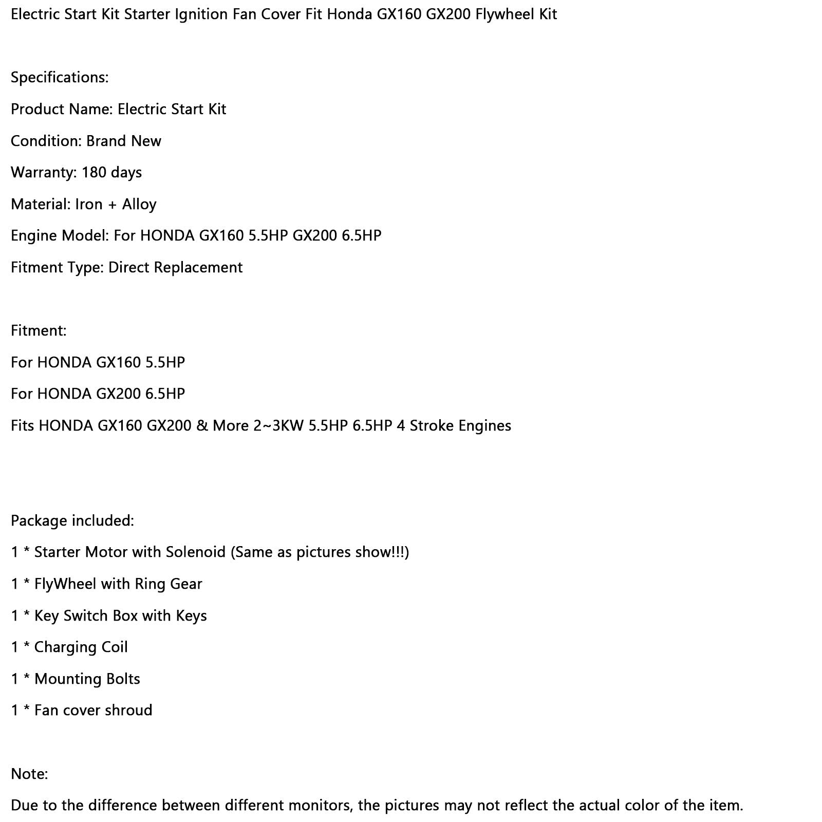 Kit de volant moteur Honda GX160 GX200 Kit de démarrage électrique couvercle de ventilateur d'allumage de démarreur