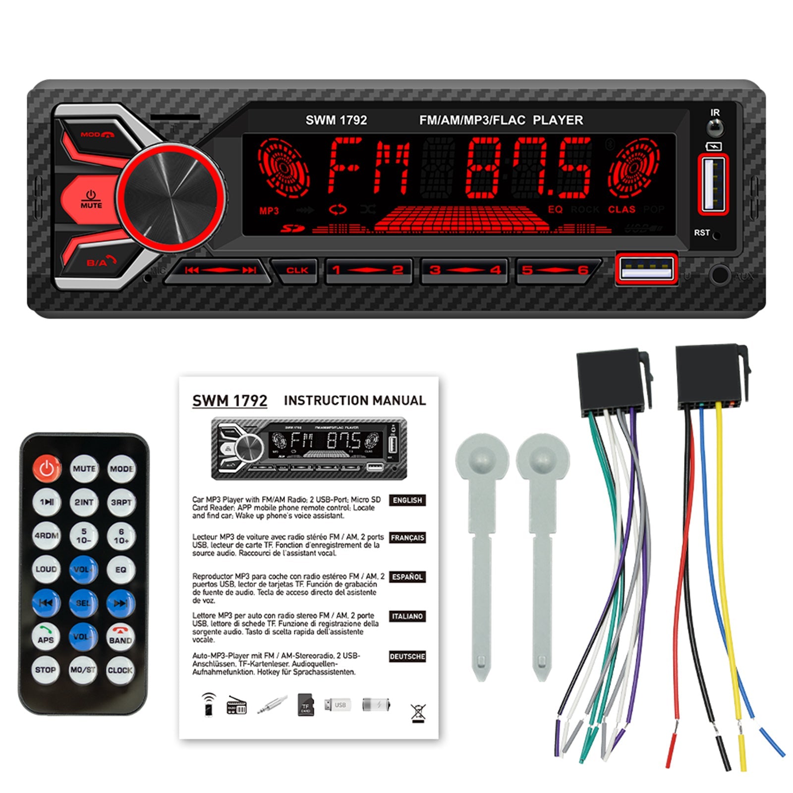 Radio à broche unique pour voiture, double Bluetooth, musique colorée, carte USB, lecteur MP3