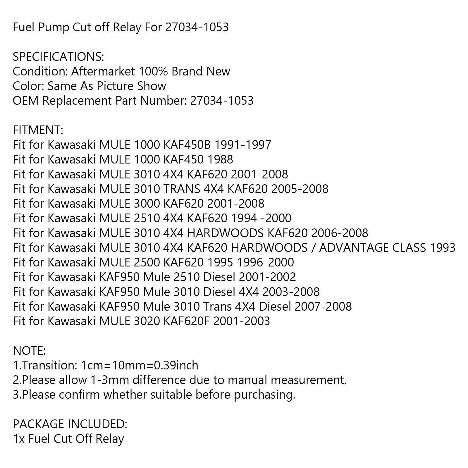 Relais de coupure de pompe à carburant pour Kawasaki Mule 27034 1053 3020 3010 2520 2510 2500 générique