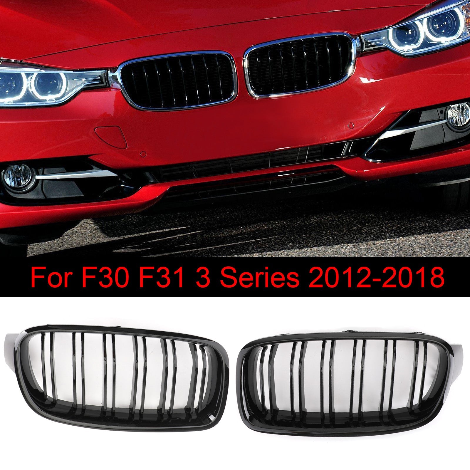 2012-2017 BMW 3 Series F30 F35 Dual Slats Gloss Black Front Kidney Grille