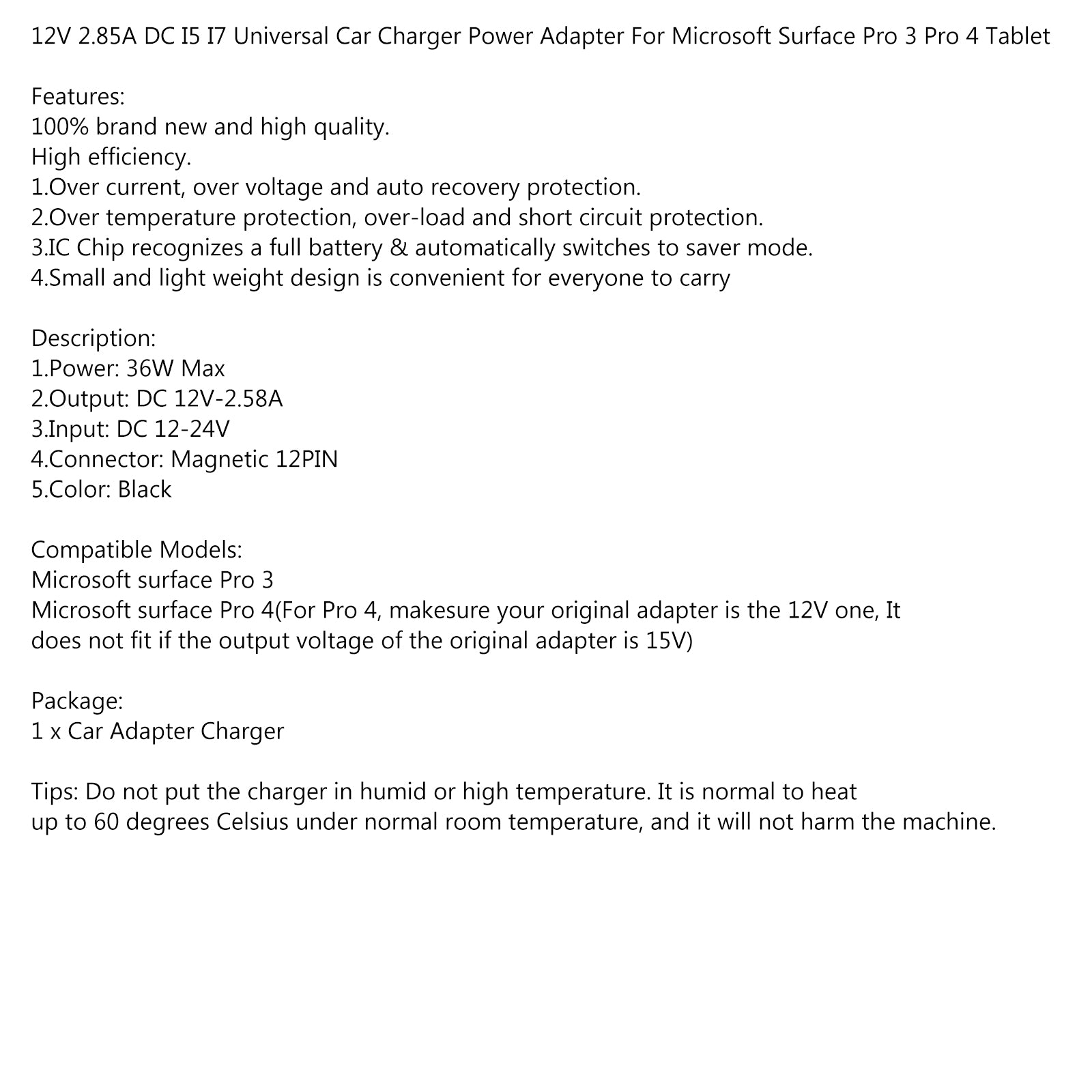 12V autolader sigarettenvoedingsadapter voor Microsoft Surface Pro 4/Pro 3