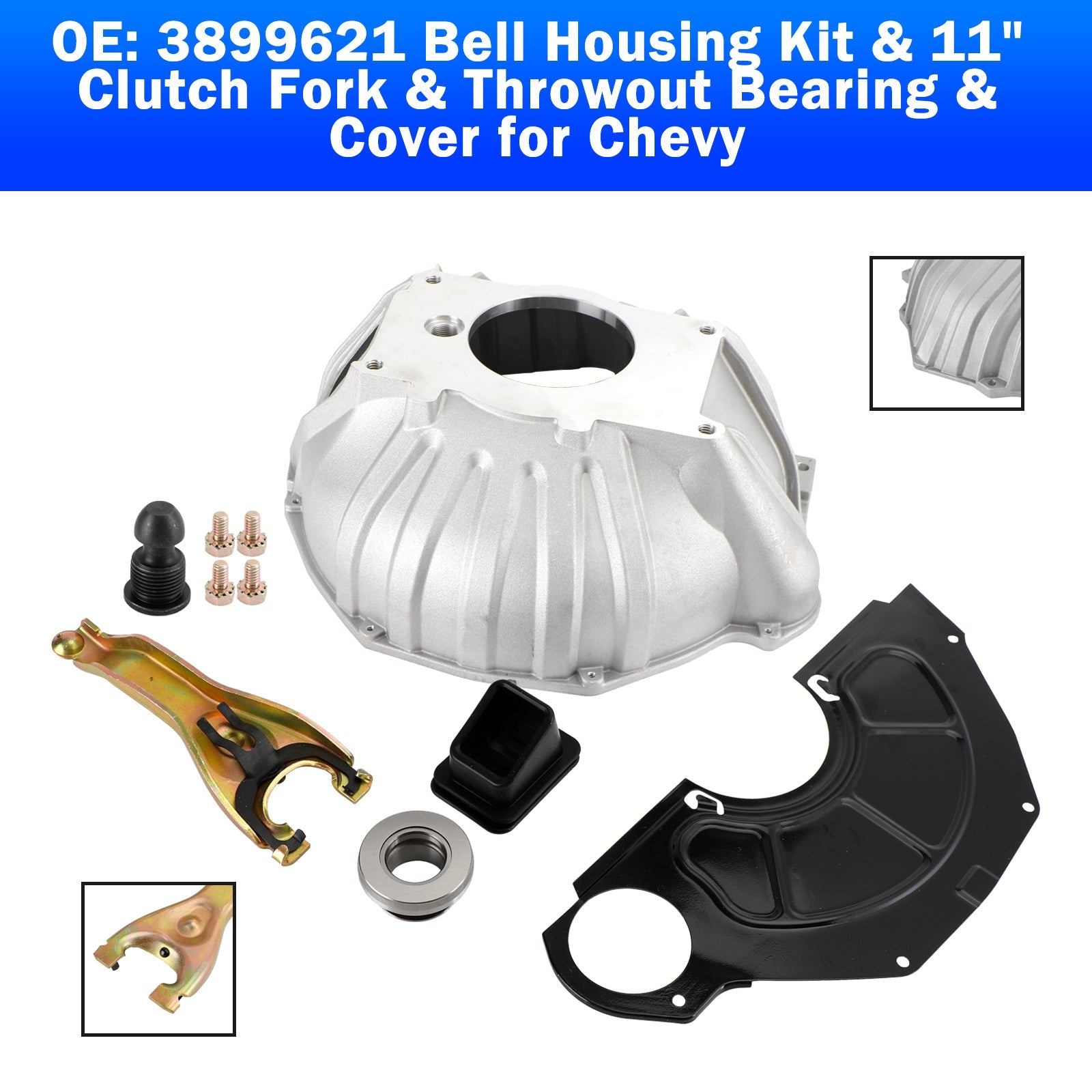 1959-1987 Chevrolet El Camino* 3899621 Bellhousing-set en 11" koppelingsvork en druklager en deksel Fedex Express