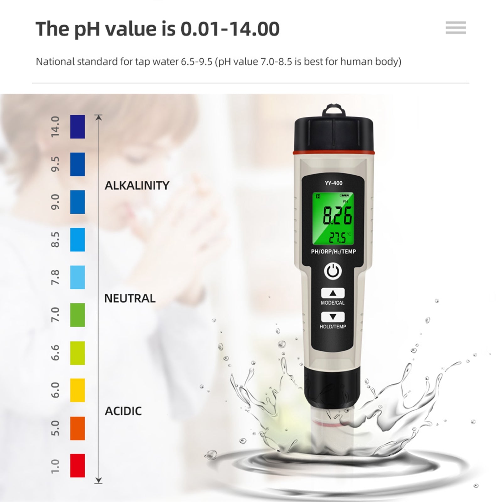 Portable 4 In 1 Hydrogen-Rich Test Pen PH/ORP/TEMP Water Quality Meter Tester