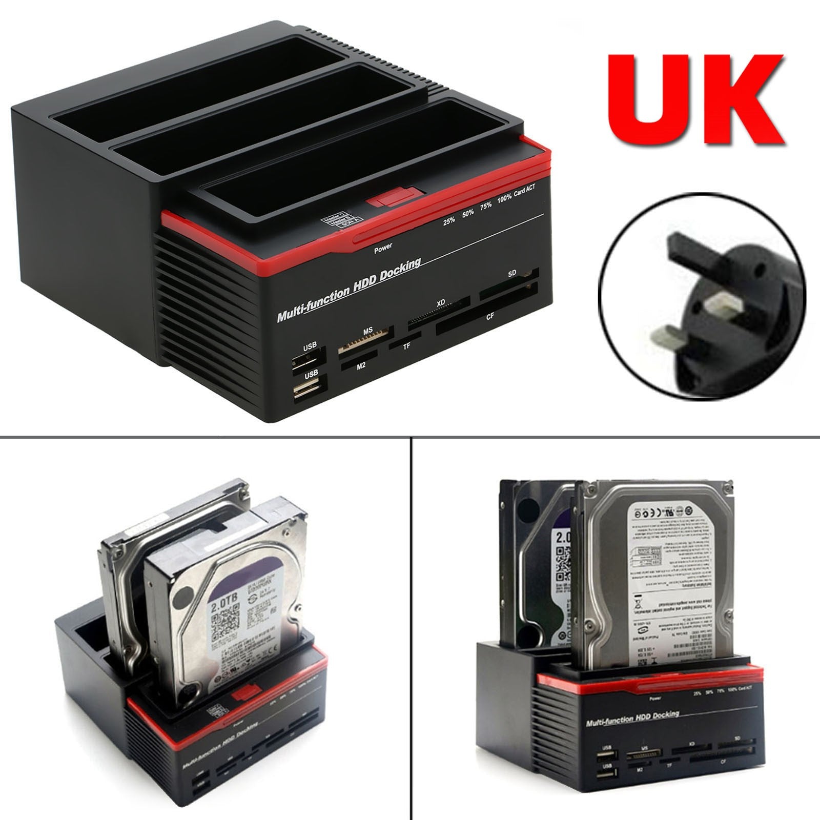 3 HDD Docking Station IDE SATA Dual UKB 3.0 Clone Hard Drive Card Reader UK