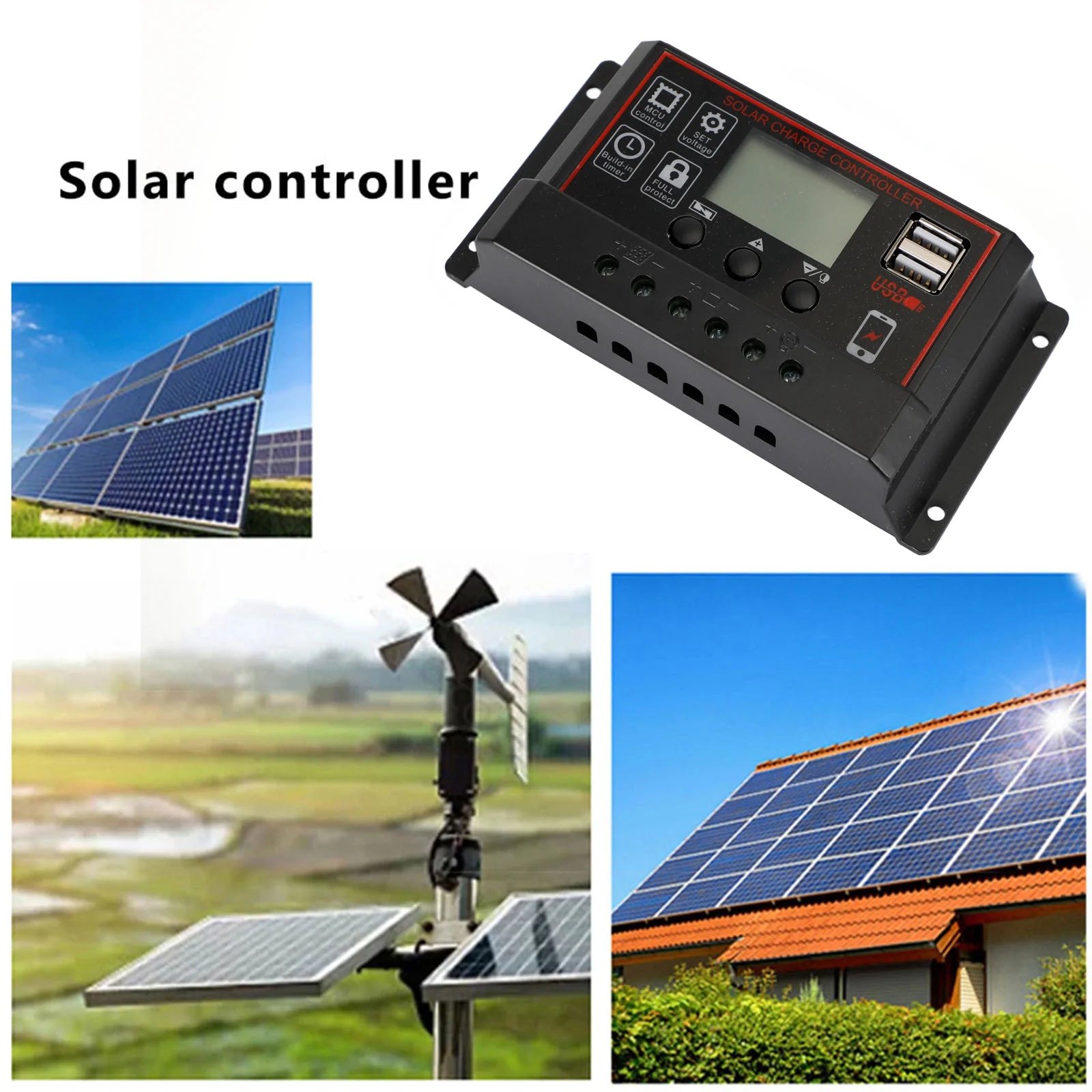 10A/20A/30A Solar Panel Regulator Charge Controller PWM LCD Dual USB 12V/24V