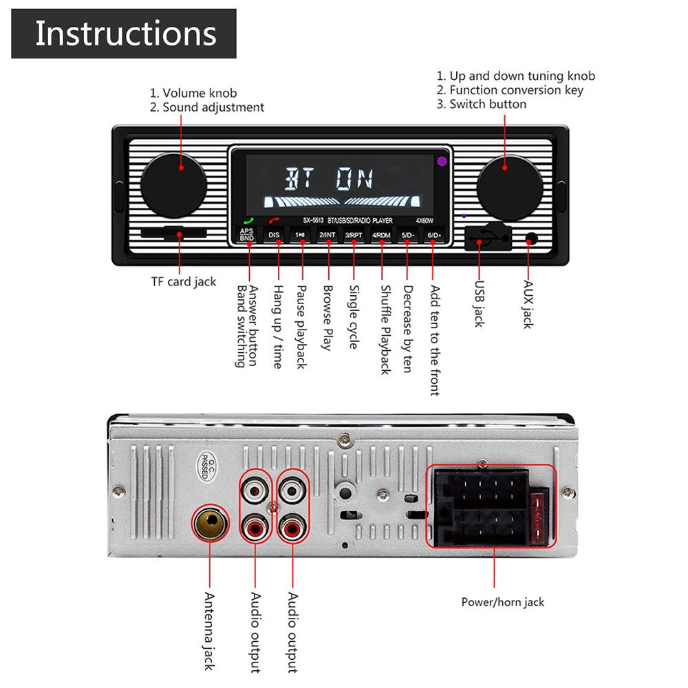 Bluetooth Vintage Car MP3 Player FM Radio AUX Classic Stereo Audio Receiver USB