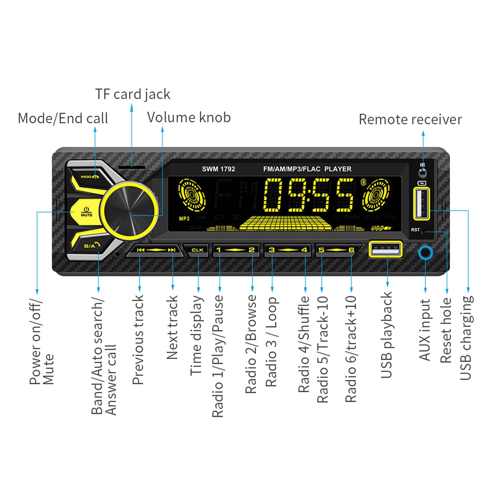 Radio à broche unique pour voiture, double Bluetooth, musique colorée, carte USB, lecteur MP3