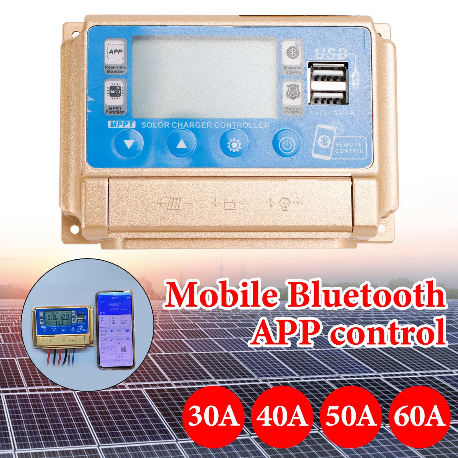 30A-60A MPPT Bluetooth Solar Charge Controller Charger Fits 12V/24V Battery Gold