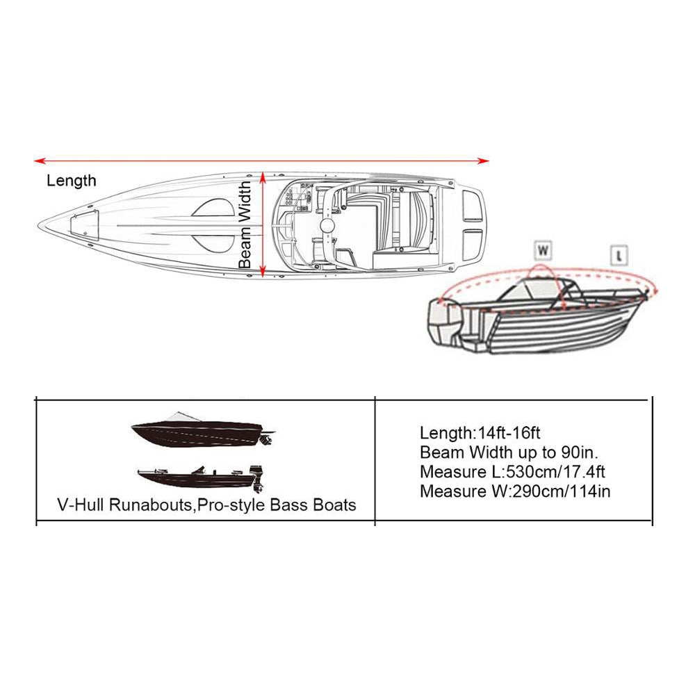 14-16 ft zware waterdichte hoes zwart voor aanhangbare vissersboot met V-romp