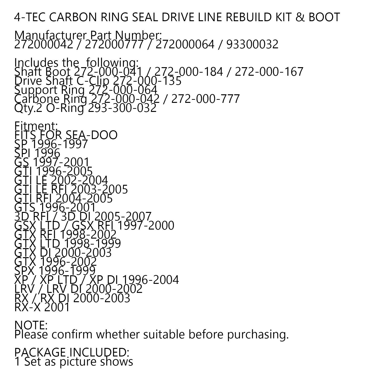 Carbon Seal Drive Line Rebuild Repair Kit & Boot for Sea Doo 717 720 787 800 951