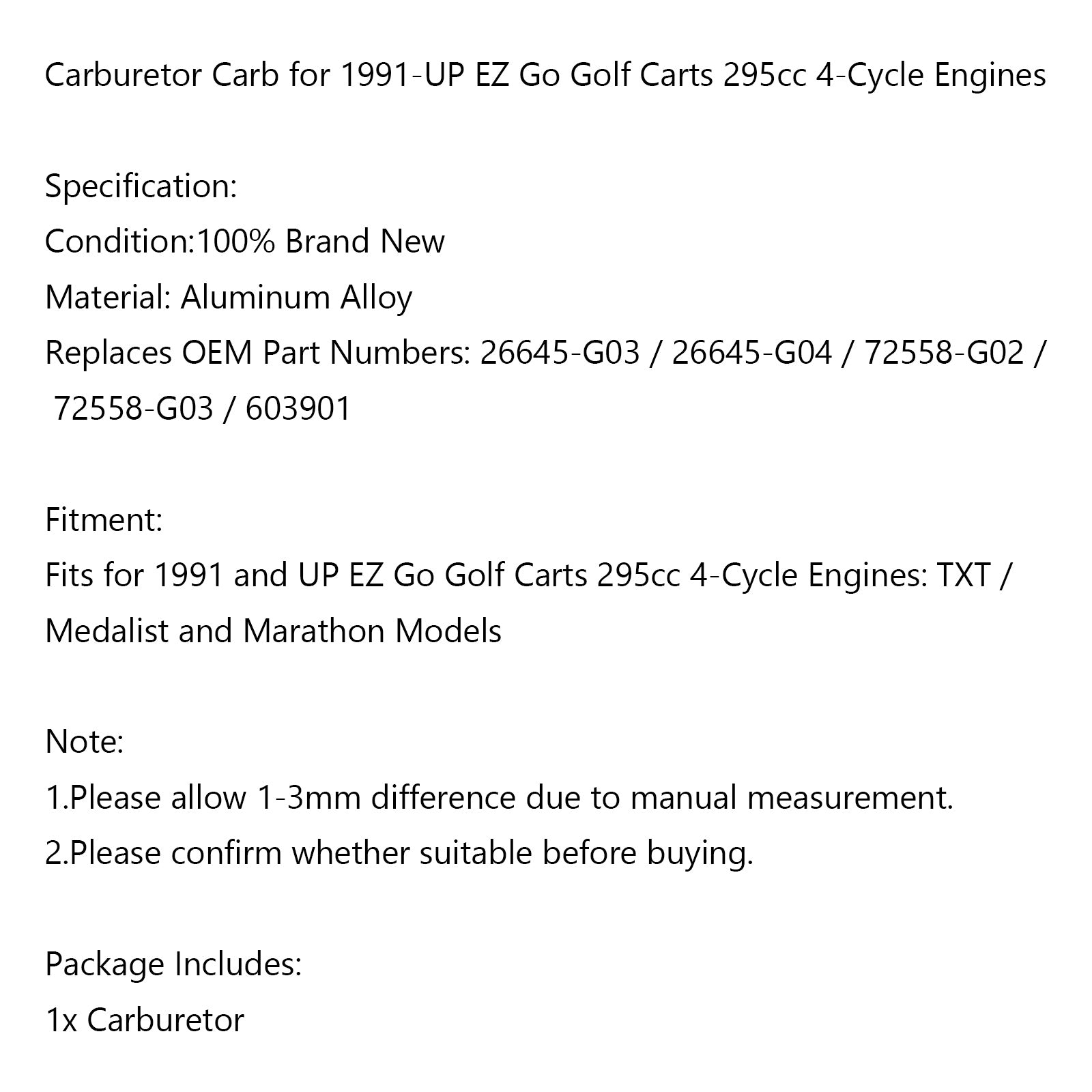 CARBURETOR Carb for EZ Go / EZGO Golf Carts 295cc 4 Cycle Engine 1991-Up