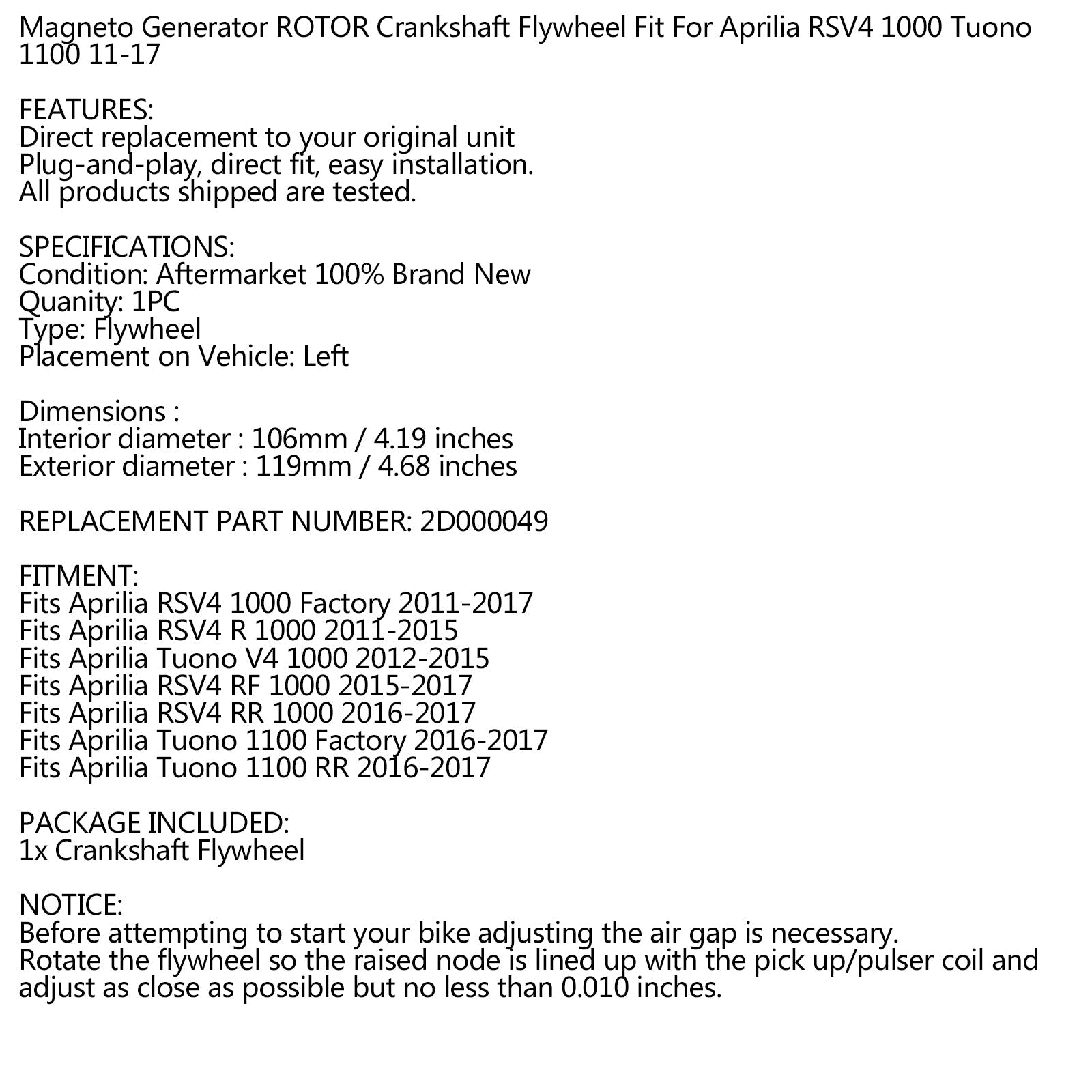 ALTERNATOR ROTOR/FLYWHEEL for Aprilia 2D000049 RSV4 R 1000 Tuono 2011-2017 Generic
