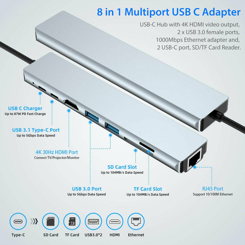 8 in1 USB-C to Type-C USB3.0 HD 4K VGA RJ45 Adapter HUB Multi-function Dock