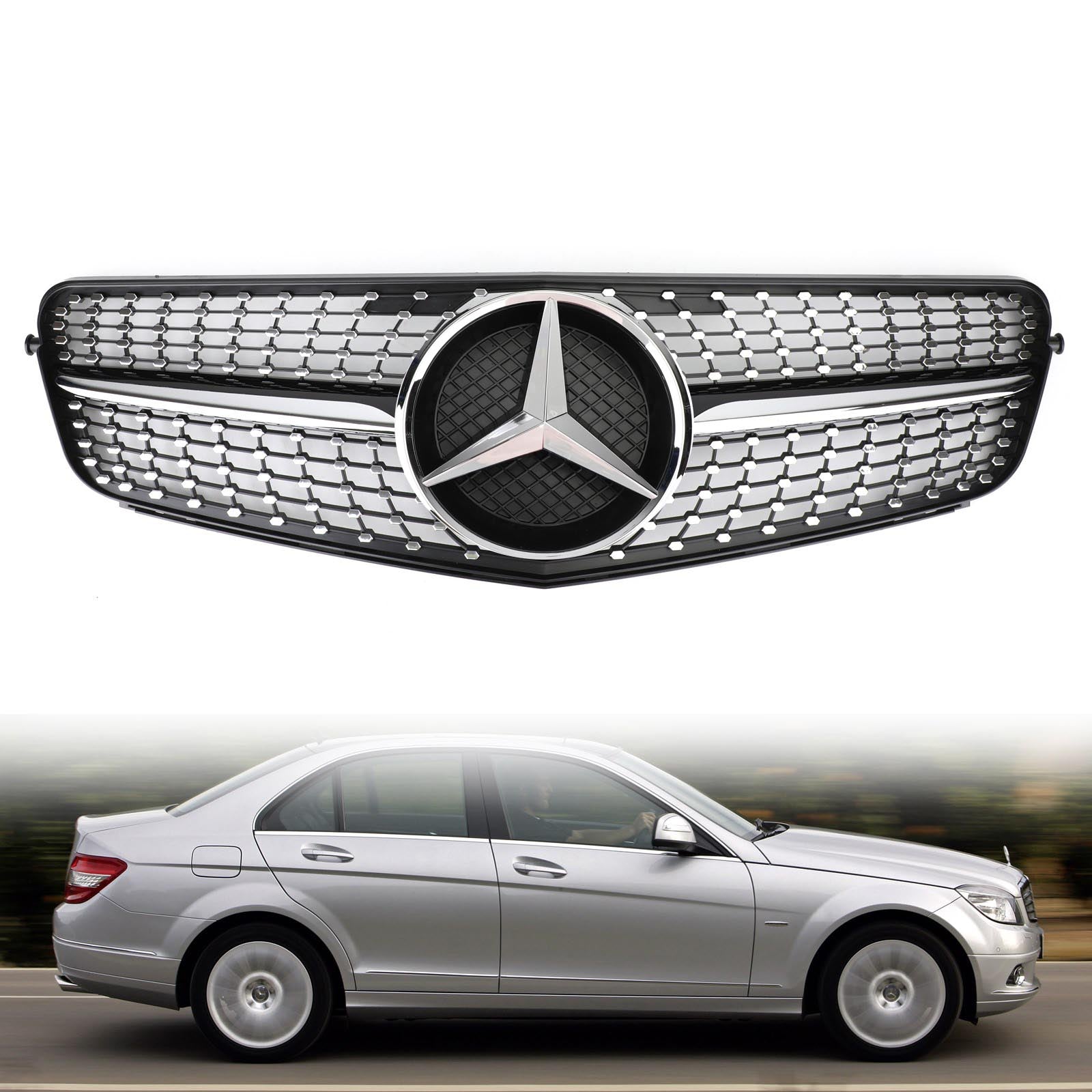 Benz Classe C 2008-2014W204 Grille de calandre avant chromée noire diamantée générique C180/C200/C230/C250/C280/C300/C350